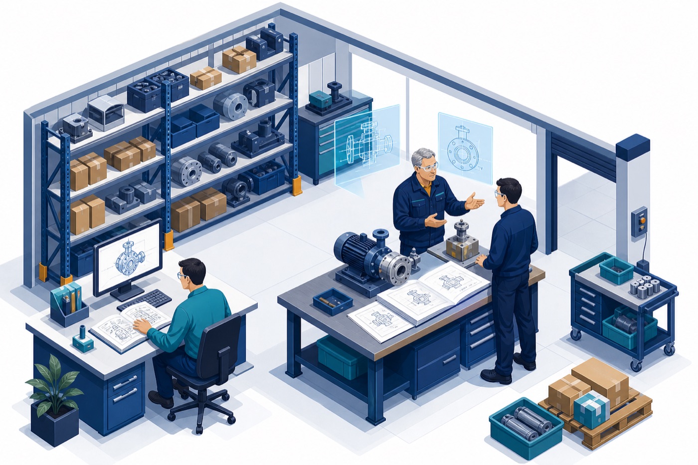 Taller industrial: un tecnico consulta un catalogo en papel mientras dos companeros discuten un plano junto a una bomba, con planos digitales en pantallas y estanterias de piezas al fondo.
